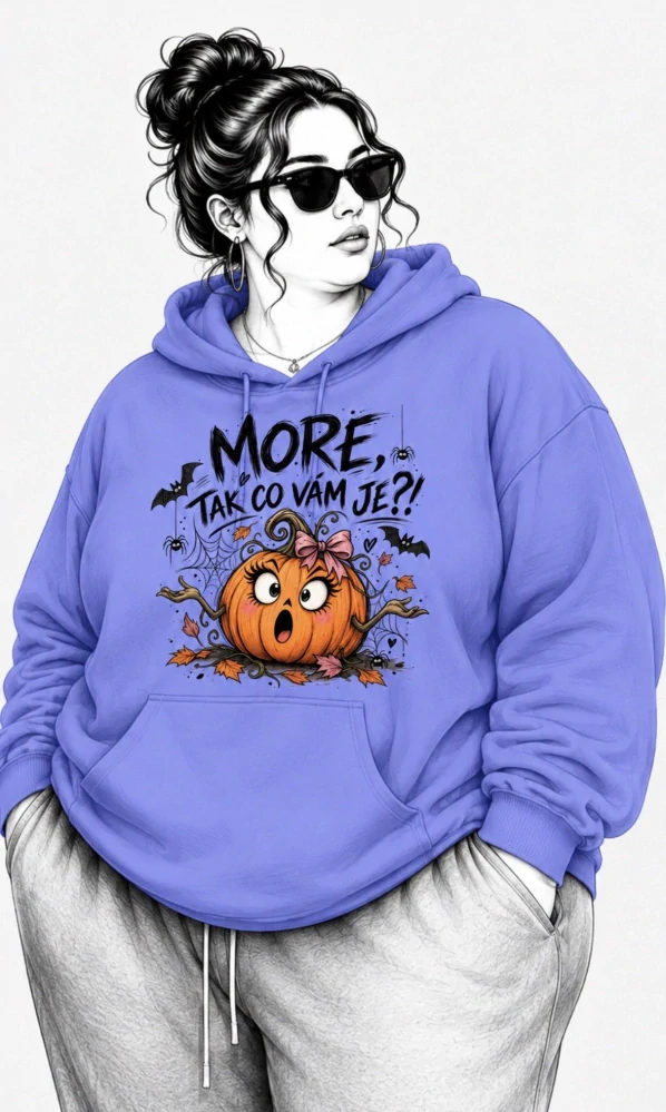 Fialová PLUS SIZE mikina MORE, TAK CO VÁM JE?! – dýně, podzim, Halloween 🎃🍂