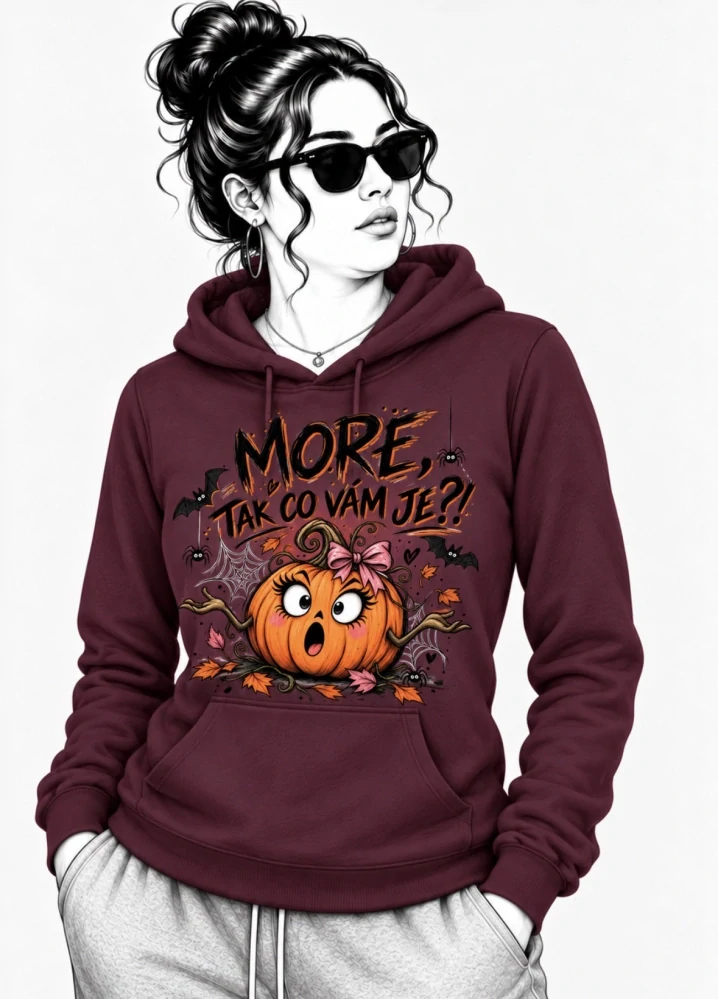Kaštanová mikina MORE, TAK CO VÁM JE?! – dýně, podzim, Halloween 🎃🍂