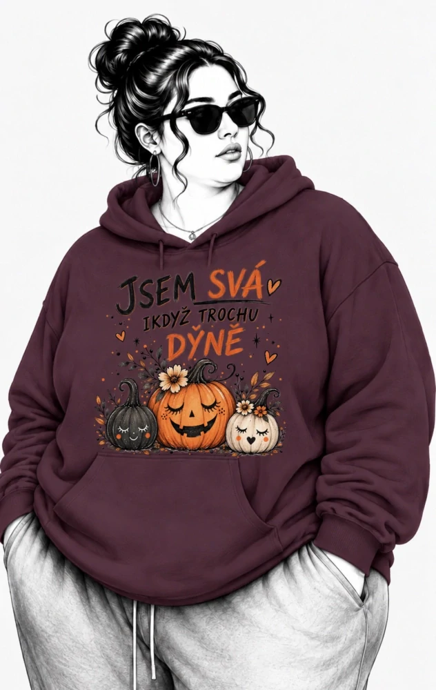 Kaštanová PLUS SIZE mikina JSEM SVÁ I KDYŽ TROCHU DÝNĚ – dýně, podzim, Halloween 🎃🍂