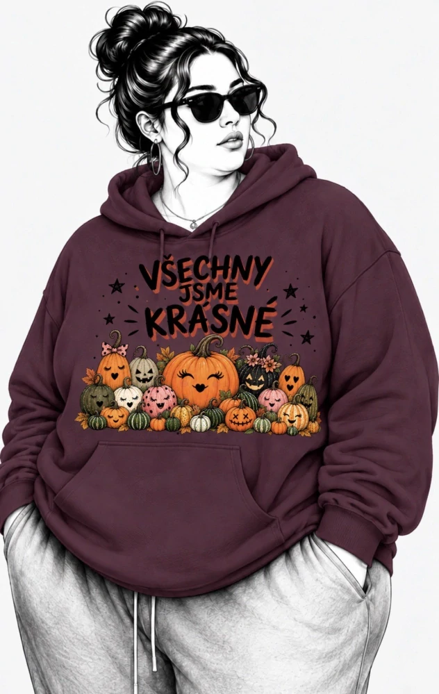Kaštanová PLUS SIZE mikina VŠECHNY JSME KRÁSNÉ – dýně, podzim, Halloween 🎃🍂