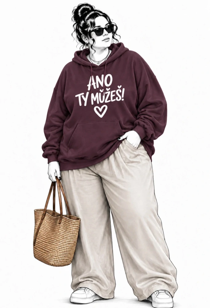 Kaštanová dámská PLUS SIZE mikina s kapucí s nápisy 🤎