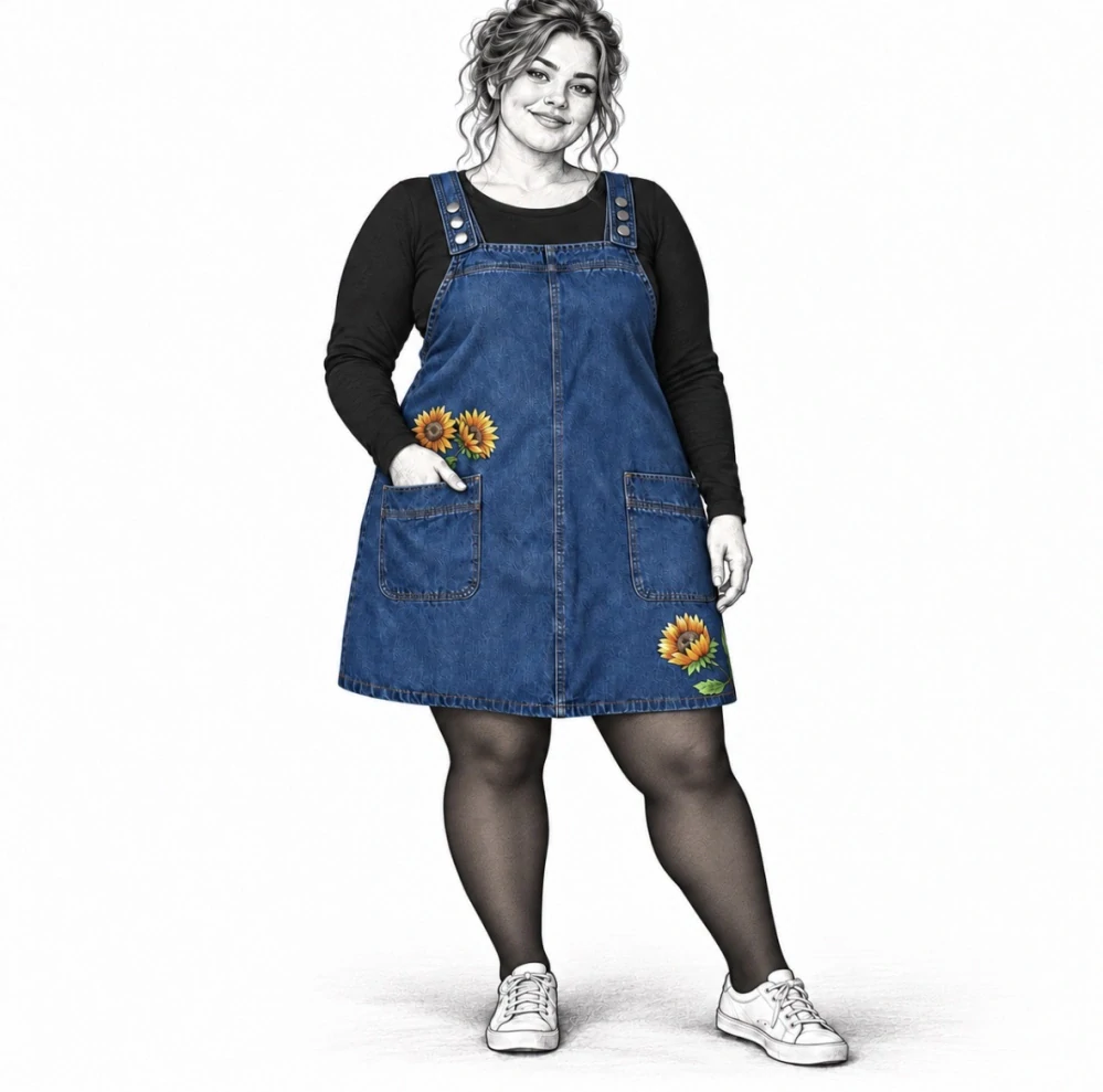 Ručně malované jeansové šaty se slunečnicemi PLUS SIZE 🌻