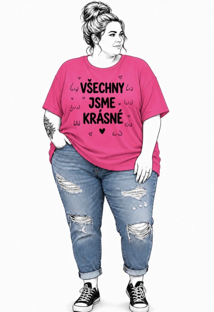 Růžové plus size dámské tričko s autorským motivem VŠECHNY JSME KRÁSNÉ (prsa)