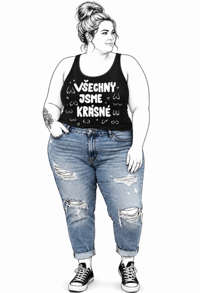 Černé plus size dámské tílko s autorským motivem VŠECHNY JSME KRÁSNÉ (prsa)