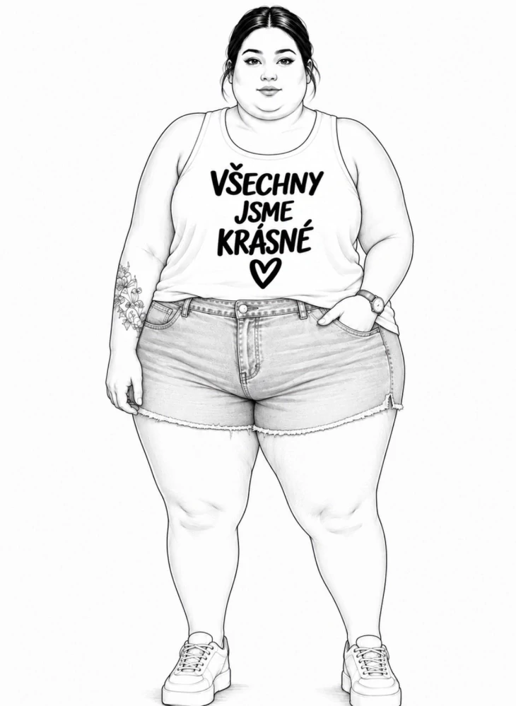 Bílé plus size dámské tílko s autorským motivem VŠECHNY JSME KRÁSNÉ