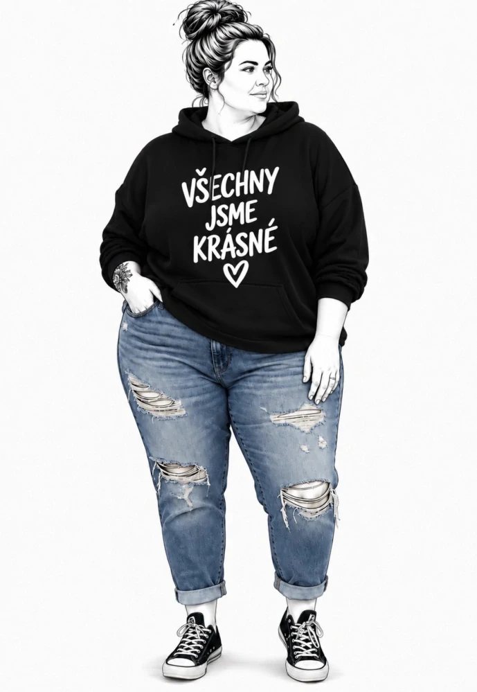 Černá plus size dámská mikina s autorským motivem VŠECHNY JSME KRÁSNÉ