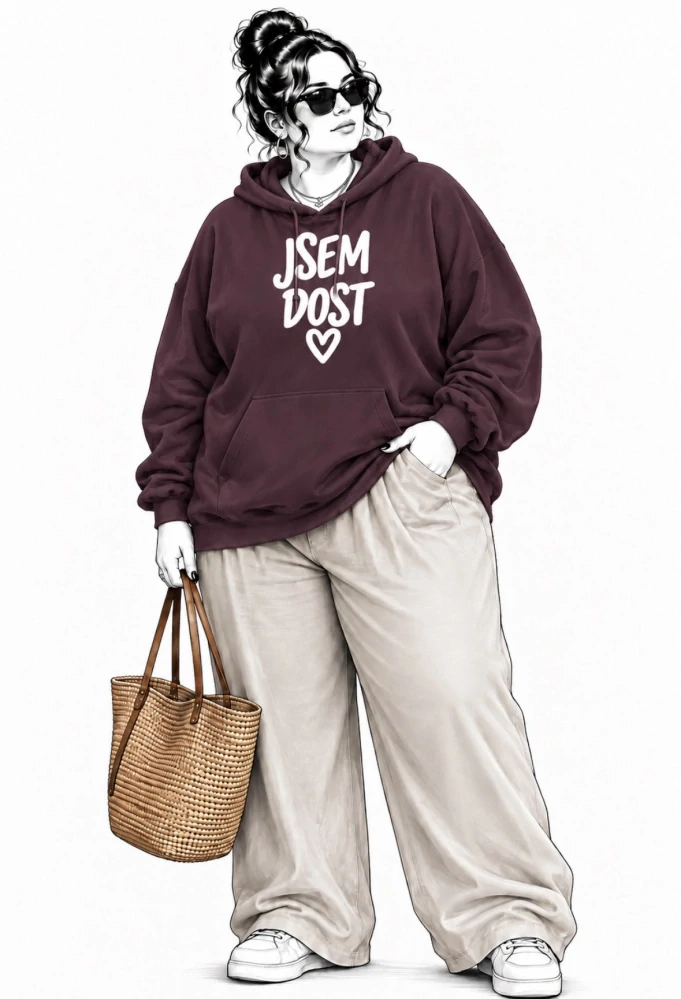 Kaštanová dámská PLUS SIZE mikina s kapucí s nápisy 🤎