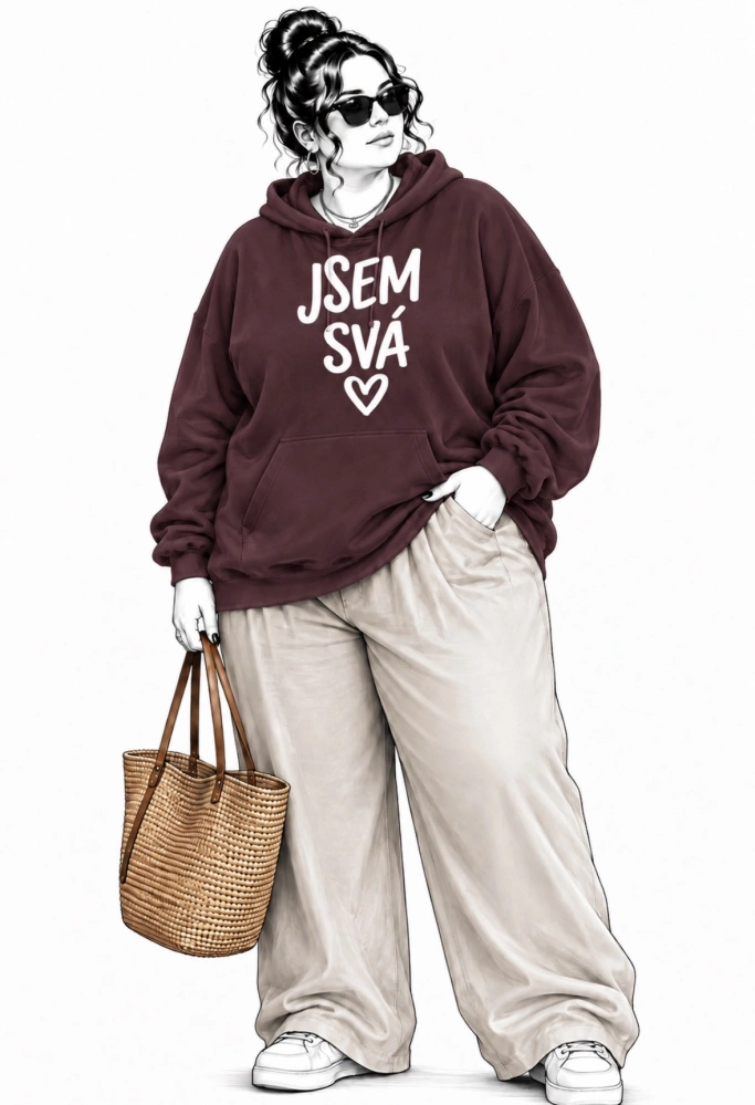 Kaštanová dámská PLUS SIZE mikina s kapucí s nápisy 🤎