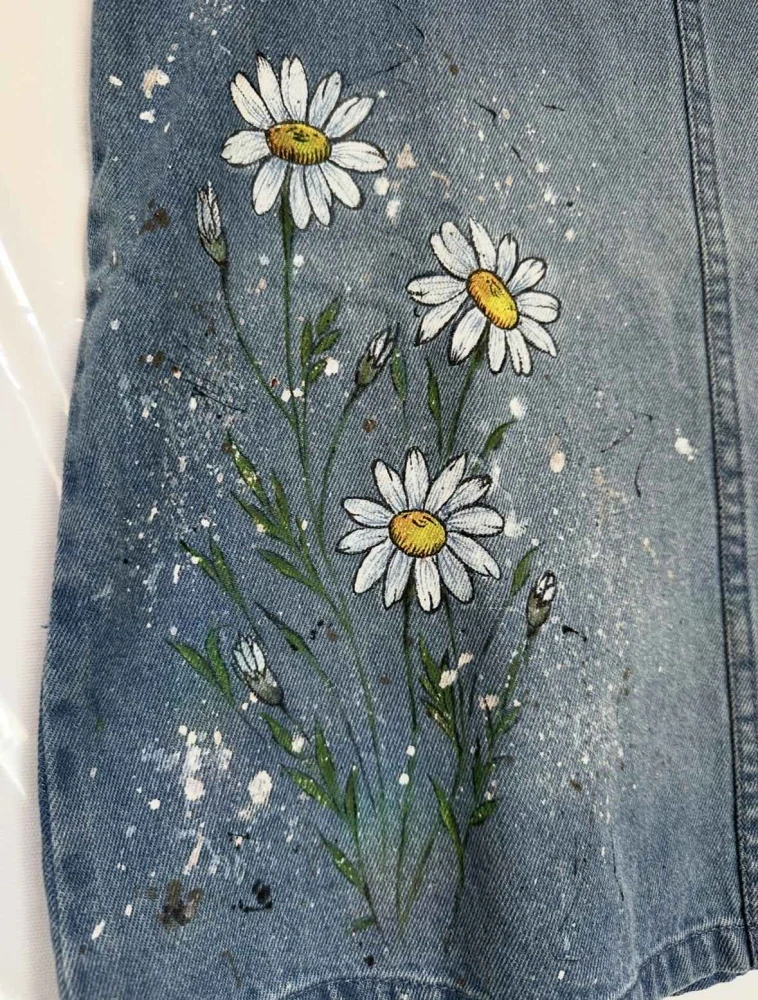 Ručně malované jeans šaty – Kopretiny