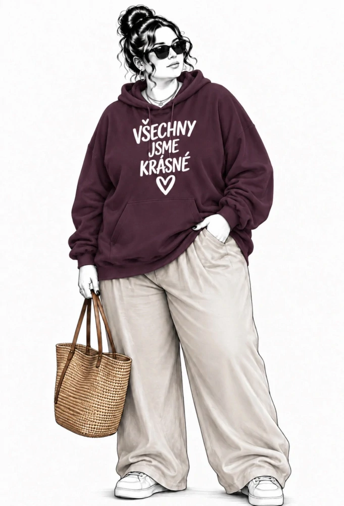 Kaštanová dámská PLUS SIZE mikina s kapucí s nápisy 🤎