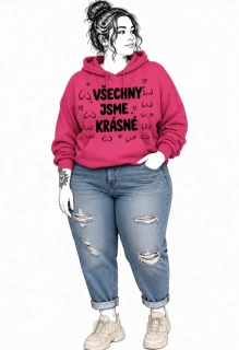 Růžová plus size dámská mikina s autorským motivem VŠECHNY JSME KRÁSNÉ (prsa)