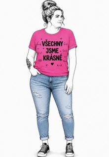 Růžové dámské tričko s autorským motivem VŠECHNY JSME KRÁSNÉ (prsa)