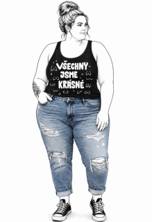 Černé plus size dámské tílko s autorským motivem VŠECHNY JSME KRÁSNÉ (prsa)